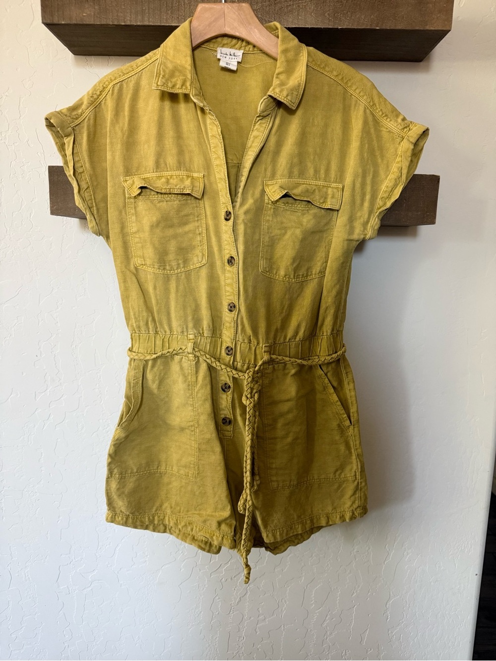 Nicole Miller|Mustard Yellow Utility short sleeve linen Romper,Braided Waist Tie